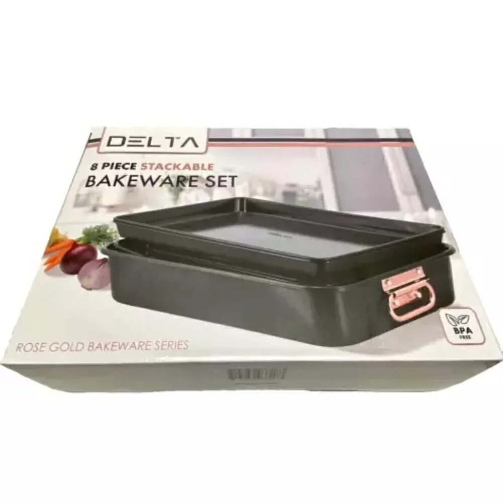Delta 8 Piece Nonstick Stackable Bakeware Set Matte Black‎ Rose Gold Trim NIB